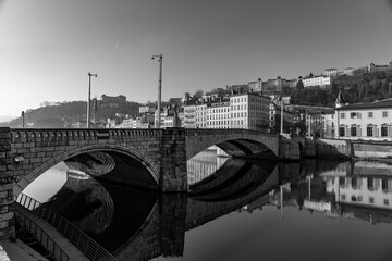 Fototapeta premium Urban scene with buildings around the River Saone, Lyon, France