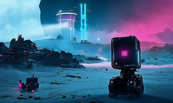 Futuristic robot on alien planet, city background
