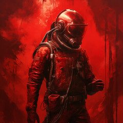 red painting of a man in a suit and helmet