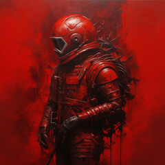 red painting of a person in a space suit