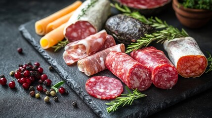 An appetizing selection of cured meats, including salami and prosciutto, artfully arranged with herbs on a slate platter, inviting a gourmet experience.