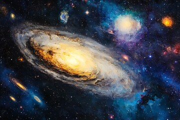 Obraz premium A vibrant depiction of a galaxy filled with stars and cosmic elements.