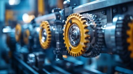 Fototapeta premium A close inspection of yellow industrial gears tightly interlocking within a metallic machine, reflecting the precision and complexity of modern engineering systems.