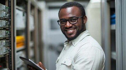A smiling technician holding a tablet stands confidently in a server room, embodying the modern technological environment and expertise in IT and networking.
