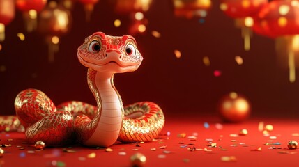 Obraz premium Golden and Red Snake with Lantern Decor, Symbol of Festive Blessings