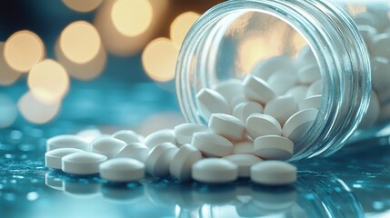 White pills are scattered from a jar onto a reflective surface, backlit by warm, glowing lights, symbolizing health, medication, or pharmaceutical context.