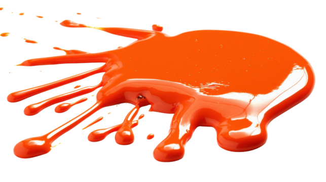 Melting drops colorful orange paint on transparent background 