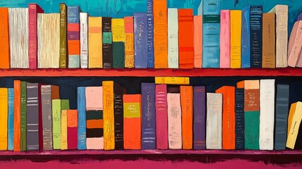 A shelf filled with various colorful books organized neatly, set against a vibrant background, showcasing a love for literature and a vivid artistic style.