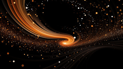 Fototapeta premium Particules scintillantes et brillantes volant sur fond sombre, noir. Lumière orangée, paillettes dorées et flou. Fond pour bannière, conception et création graphique.