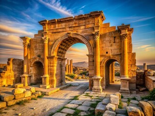 Obraz premium Majestic Trajan's Arch & Ruins of Ancient Mactaris, Tunisia - Historical Landmark Stock Photo