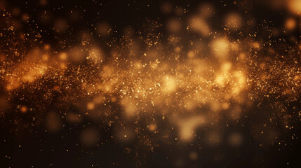 Particules scintillantes et brillantes volant sur fond sombre, noir. Lumière orangée, paillettes dorées et flou. Fond pour bannière, conception et création graphique.