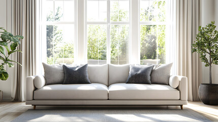 Bright sofa space with lush greenery outside