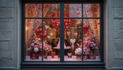 Romantic window display with Valentine's decor