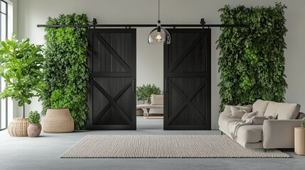 A bright and airy industrial living room with blackened steel doors leading to a terrace