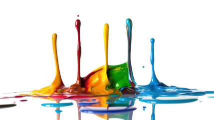 Melting drops colorful black paint on transparent background 