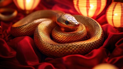 Fototapeta premium Golden Snake Coiled Among Red Silk and Lanterns
