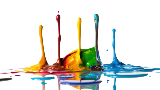 Melting drops colorful black paint on transparent background 