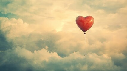 Obraz premium Red Heart Balloon Floating Among Clouds