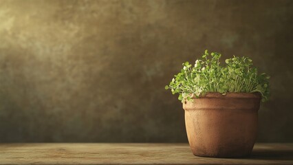 Lush Green Microgreens in a Rustic Pot on a Wooden Table
