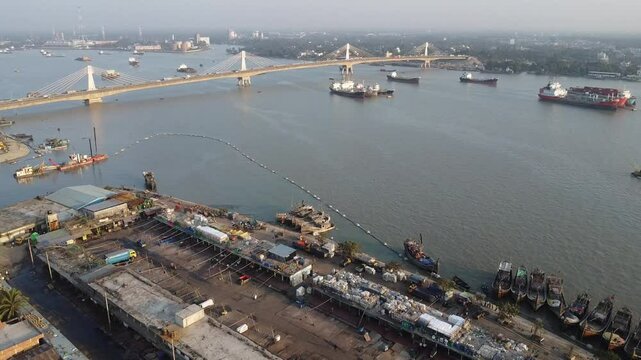 Chattogram is the second-largest and comercial city in Bangladesh after Dhaka.Bangladesh main seaport chittagong.Drone view of Fishery ghat chittagong.