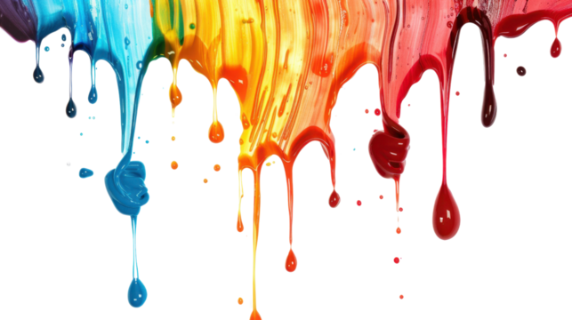 Melting drops colorful black paint on transparent background 