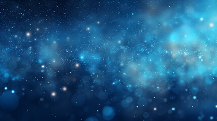 Particules scintillantes et brillantes volant sur fond bleu. Lumière bleutée, paillettes blanches et flou. Fond pour bannière, conception et création graphique.	