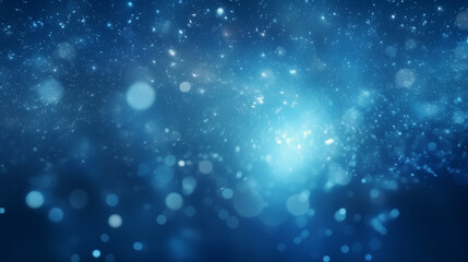 Particules scintillantes et brillantes volant sur fond bleu. Lumi&egrave;re bleut&eacute;e, paillettes blanches et flou. Fond pour banni&egrave;re, conception et cr&eacute;ation graphique.	