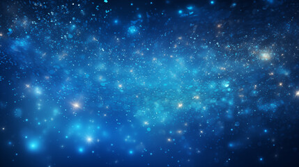 Naklejka premium Particules scintillantes et brillantes volant sur fond bleu. Lumière bleutée, paillettes blanches et flou. Fond pour bannière, conception et création graphique. 