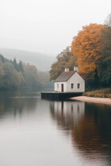 Obraz premium Misty Lakeside Cabin, Autumn Colors, Copy Space