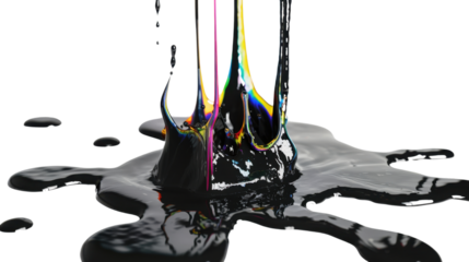 Melting drops colorful black paint on transparent background 