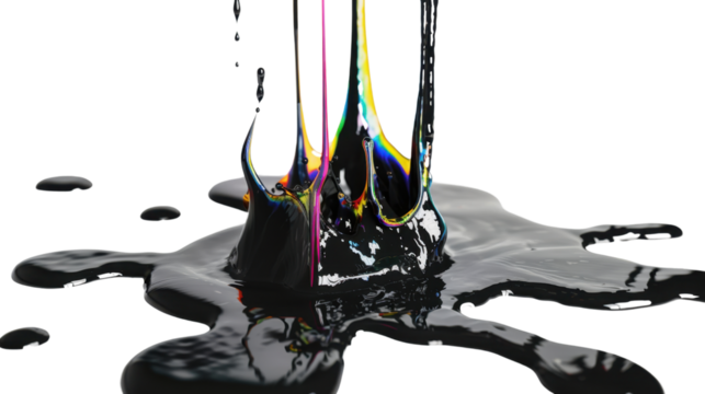 Melting drops colorful black paint on transparent background 