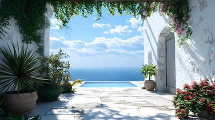 Fototapeta premium Serene blue water pool by lush garden