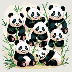 Cute Animal Panda characters set. Hand drawn wild animal cartoon design of panda in different pose, bamboo, sitting, sleepin
