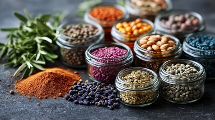 Fototapeta premium Assorted spices beautifully presented in glass jars, highlighting the diverse colors and textures, representing culinary creativity, diversity, and culture.