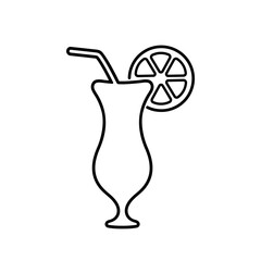 Alcohol cocktail black line vector icon. Hurricane glass with tube and slice of citrus.