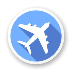 White airplane on sky blue background. Vector long shadow round icon.