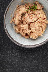 tuna canned fish seafood snack fresh tasty food dish gourmet food pescetarian diet background on the table rustic food top view copy space vegetarian food 