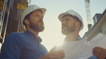 Architects Discussing Blueprints Under Scaffolding