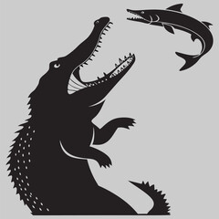 crocodile hunting fish silhouette vector design art and illustration