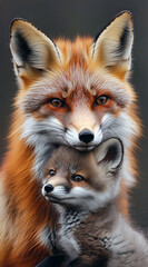 Fototapeta premium Affectionate moment between red fox and her little fox