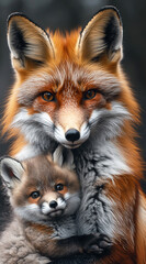 Fototapeta premium Affectionate moment between red fox and her little fox
