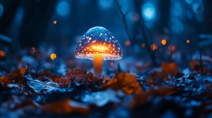 A digitally enhanced image of a mushroom with a glowing cap, set amidst a dimly lit woodland. Offers a fantasy-like atmosphere, evoking mystery and allure.