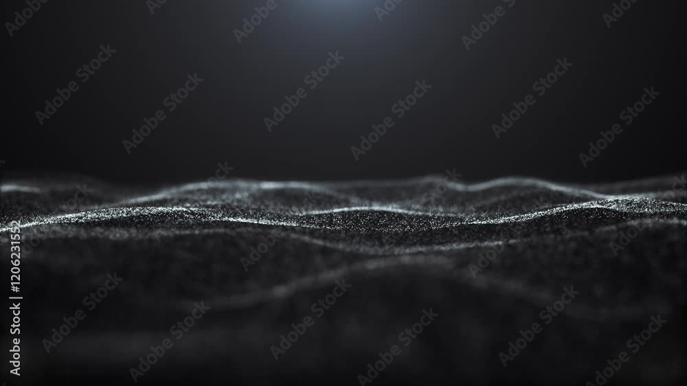 Poster futuristic black and white dot wave. abstract, animated digital particle wave. technological backgro