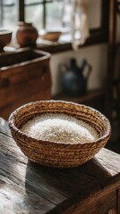 Obraz premium Rice in a woven basket displayed on a rustic wooden table in a traditional setting