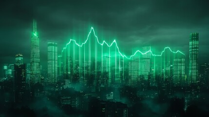 A dazzling futuristic cityscape with towering skyscrapers illuminated by neon green lights, featuring a superimposed glowing market graph in the sky.