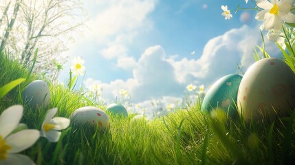 Colorful Easter Eggs Hidden in Grass Under Bright Sky