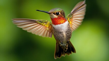 Fototapeta premium A colorful hummingbird is captured in mid-flight, showcasing its iridescent feathers against a soft-focus green background, symbolizing freedom and nature's wonder.