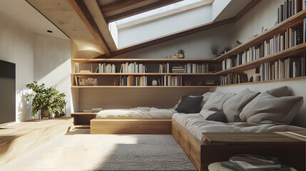 Naklejka premium Bright reading nook under skylight with soft cushions