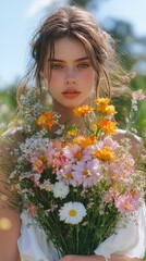 Naklejka premium Young woman holding a vibrant bouquet of wildflowers in a sunny meadow during spring
