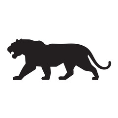 A flat silhouette of a tiger in mid-roar, with its body slightly arched and mane flared, black silhouette on a white background.